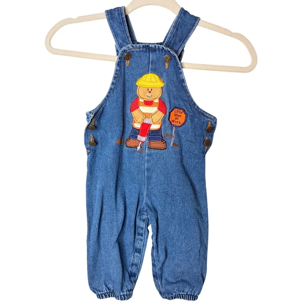 Vintage 18 months Boys Denim Overalls Construction Patch Bear 100% Cotton